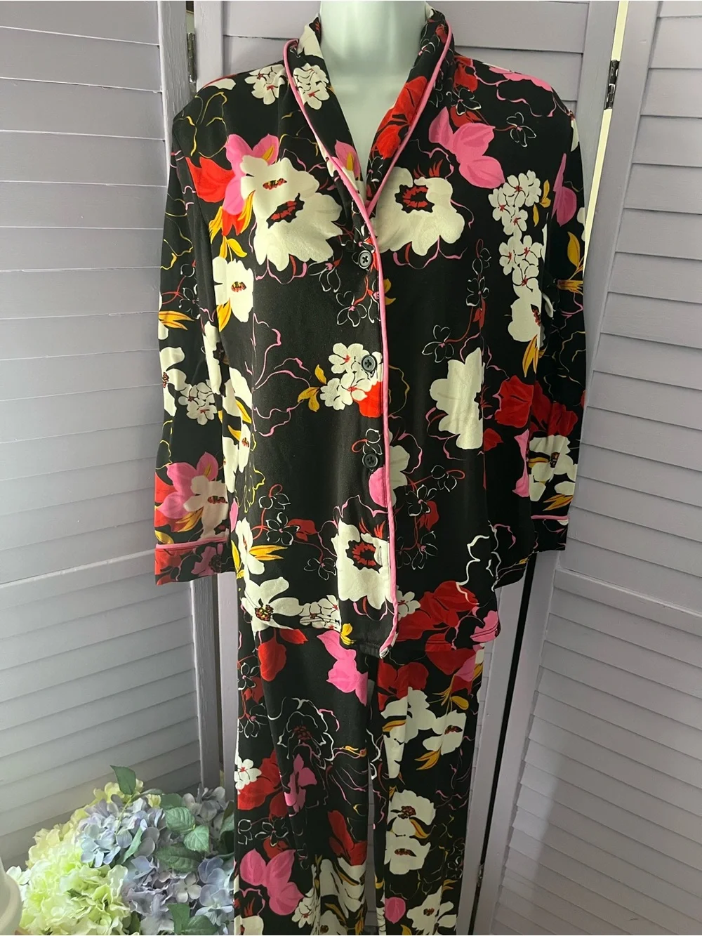 Women's Black Floral Pajama Set with Pink and Red Accents